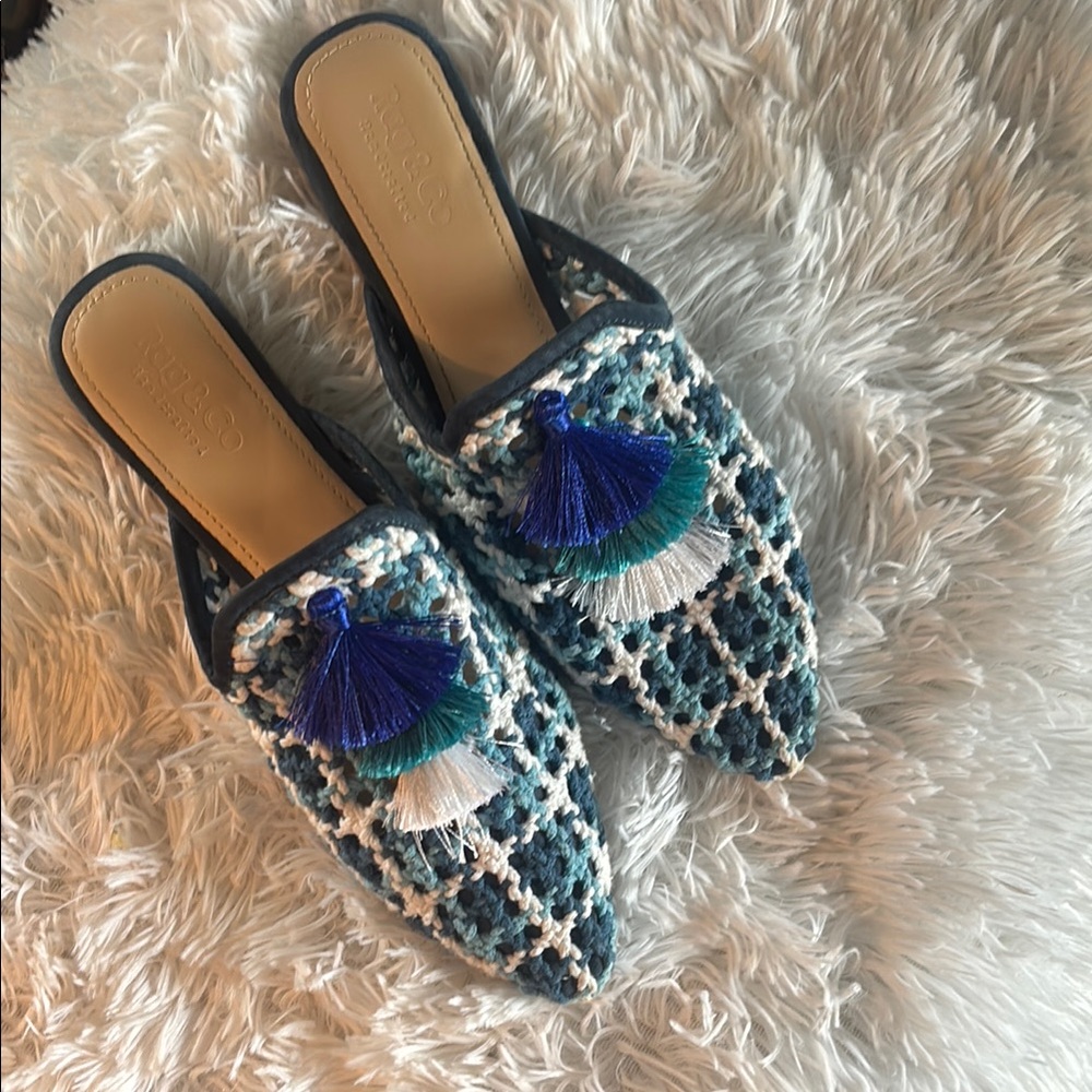 Blue Woven Flat Mules With Tassels
